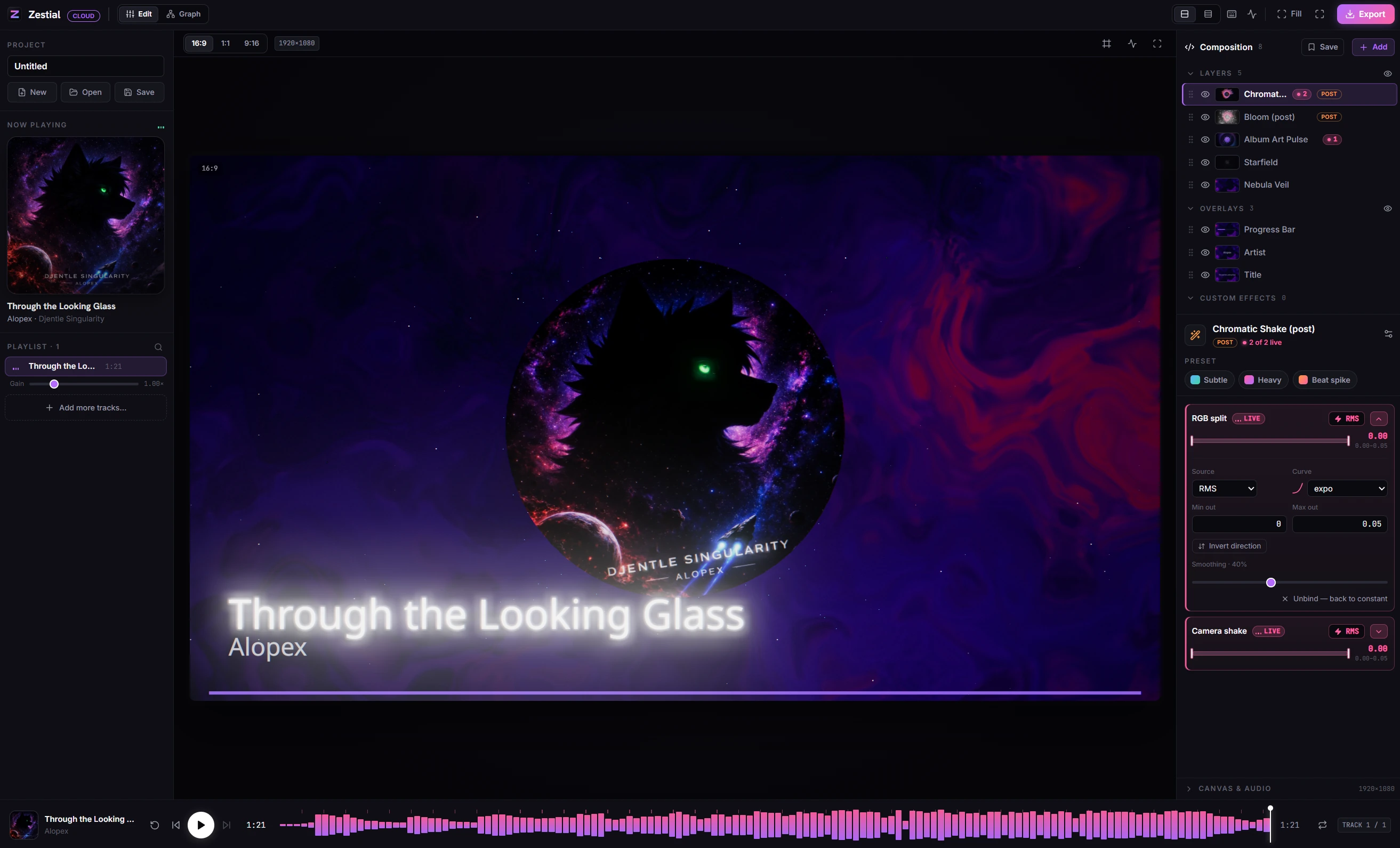 Zestial's updated editor showing a music visualization with its composition layers, audio bindings and timeline